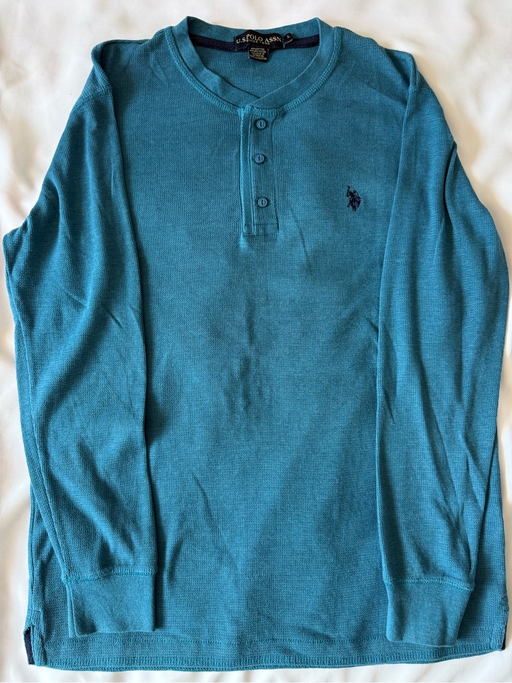 U.S. Polo Assn. Men's L Blue Waffle Knit Long Sleeve Henley T-Shirt Logo